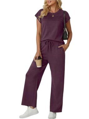 2 Piece Lounge Set Women Summer Short Sleeve Top Wide Leg Pants with Pockets